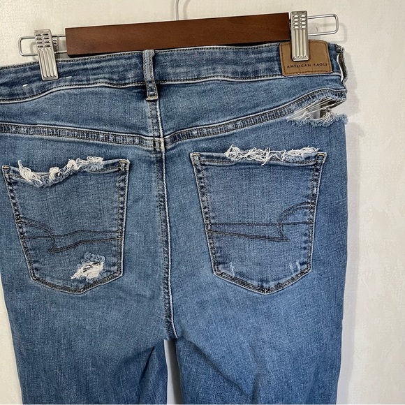 American Eagle Outfitters Super High Rise Blue Flare Distressed Jeans Stretch - Picture 3 of 8